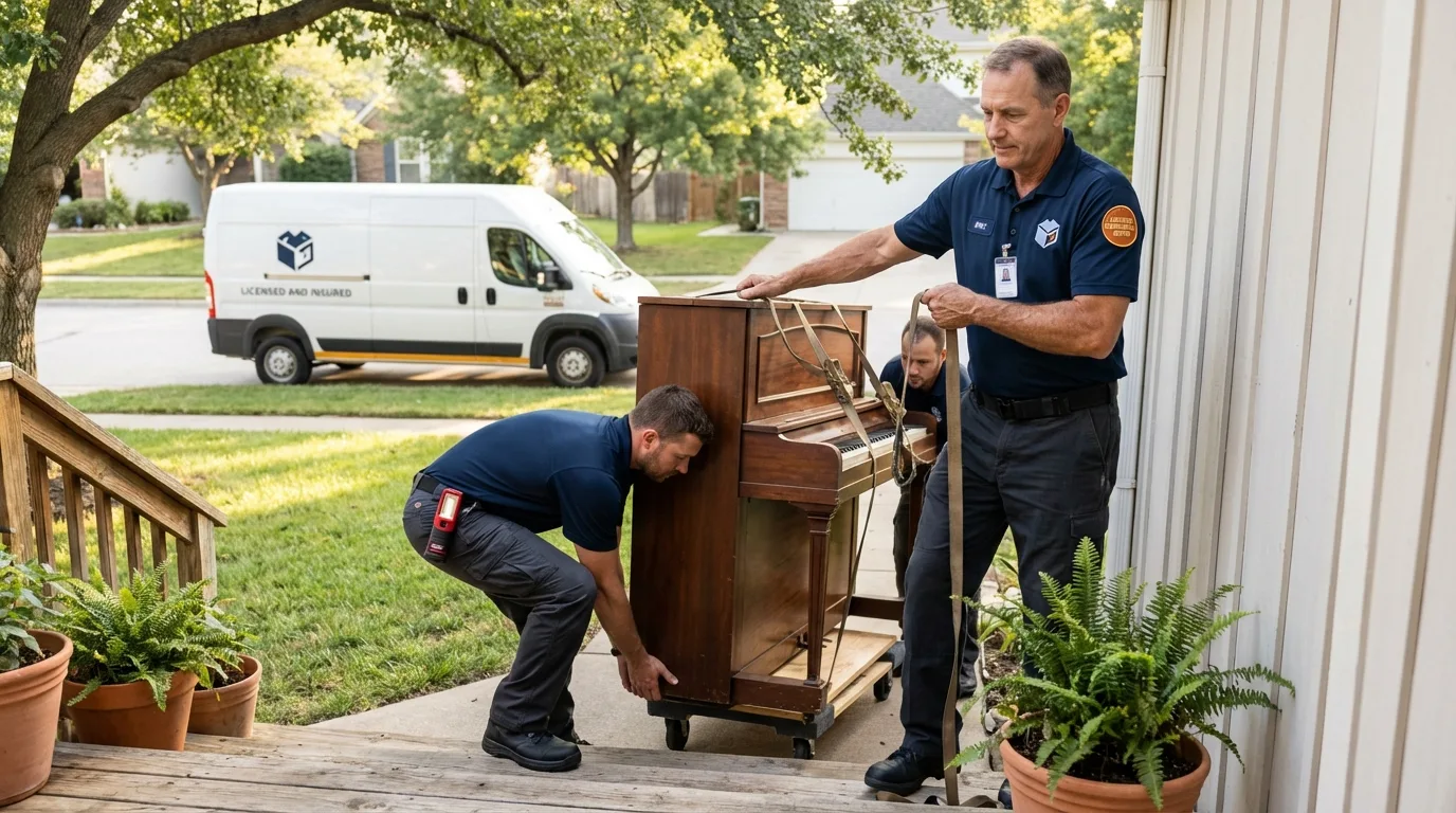 Licensed piano movers securing grand piano in Ravenna, MI