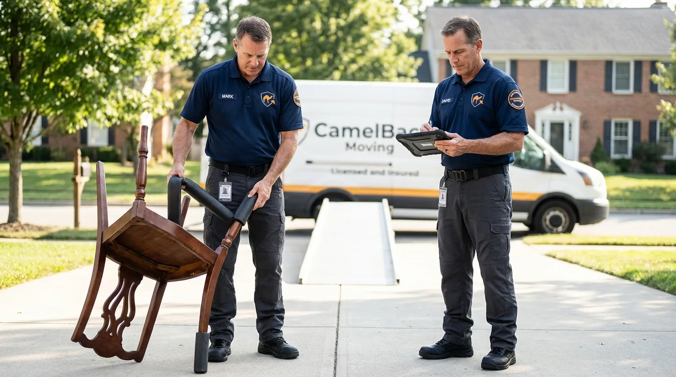 Movers inspecting furniture for damage prevention before loading in Ravenna, MI