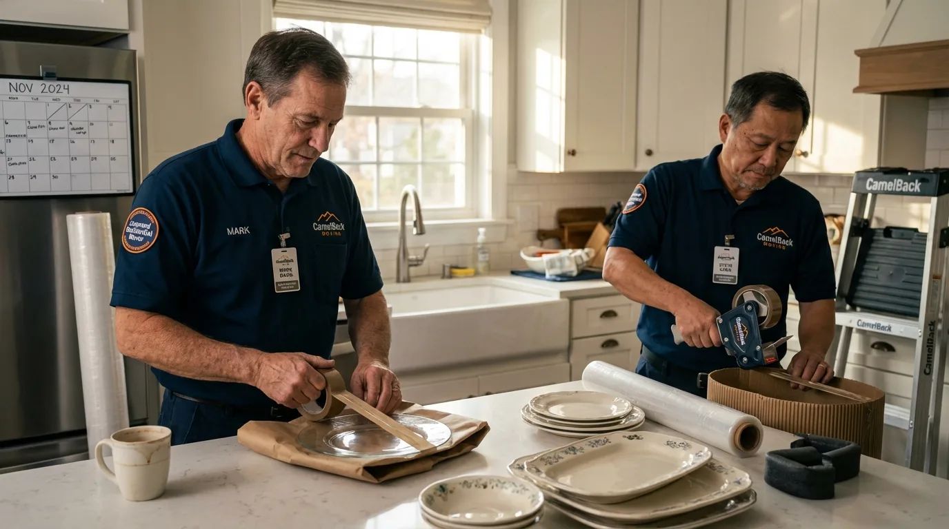 Professional crew packing kitchen dishware in Ravenna, MI